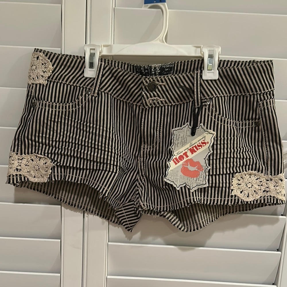 Hot Kiss Black and White Jean Shorts with Lace Details